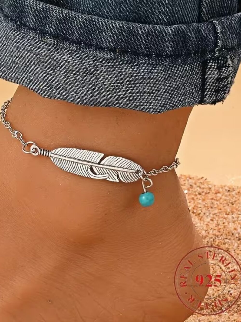 Bohemian Feather Turquoise Anklet Ankle Bracelet Sterling New Gift Boxed*READ*